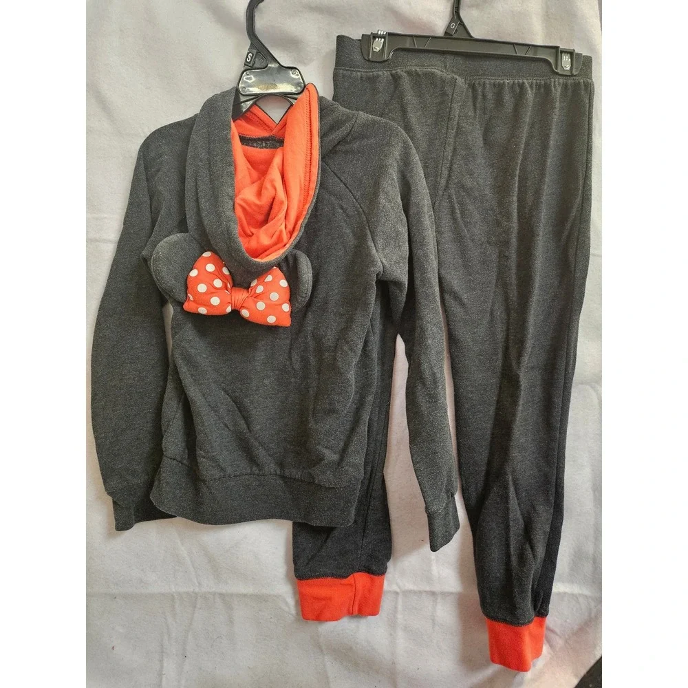 Disney Store Minnie Mouse Hoodie and Joggers Set Gray Red Girls 7/8 1114
